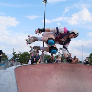 Anastasia does a big air in the big bowl at Bato Skatepark during the demo at Moxi x RollerFit Skate Fest 2019.