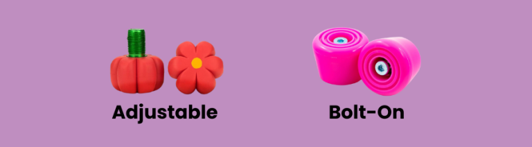 Example of adjustable roller skate toe stop on the left and example of bolt-on toe stop on the right