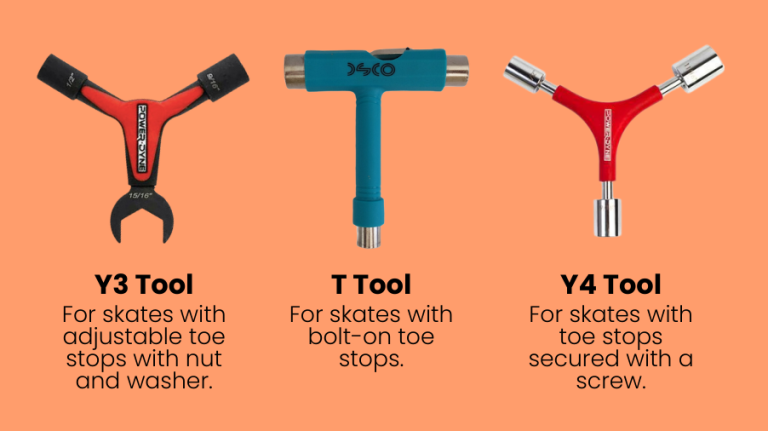 Different roller skate tools from left to right - y3 tool for adjustable toe stops, T tool for bolt-on toe stops, Y4 tool for toe stop screw